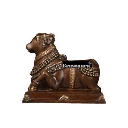 Brassaura™ Handcrafted Brass Nandi Statue – Height 8 Inches & Weight 3.97 Kgs | Devotional Sculpture
