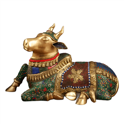Brassaura™ Handcrafted Brass Nandi Bull with Stone Work – Height 21 Inches & Weight 30 Kgs | Artistic Devotional Sculpture