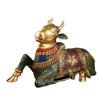 Brassaura™ Handcrafted Brass Nandi Bull with Stone Work – Height 21 Inches & Weight 30 Kgs | Artistic Devotional Sculpture