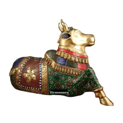 Brassaura™ Handcrafted Brass Nandi Bull with Stone Work – Height 21 Inches & Weight 30 Kgs | Artistic Devotional Sculpture
