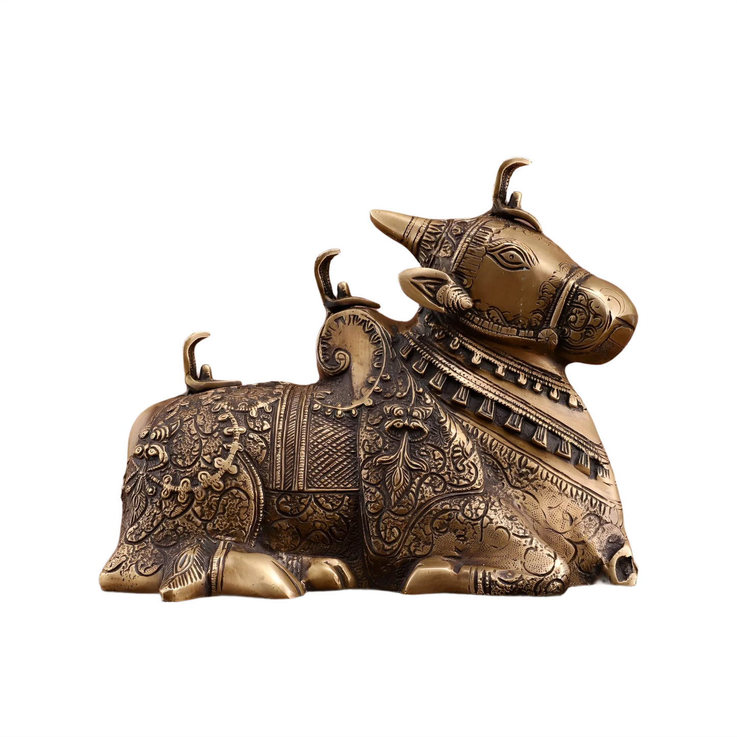Brassaura™ Pure Brass Fully Carved Nandi – Height 8 Inches & Weight 5.5 Kgs | Matte Gold Finish Sculpture