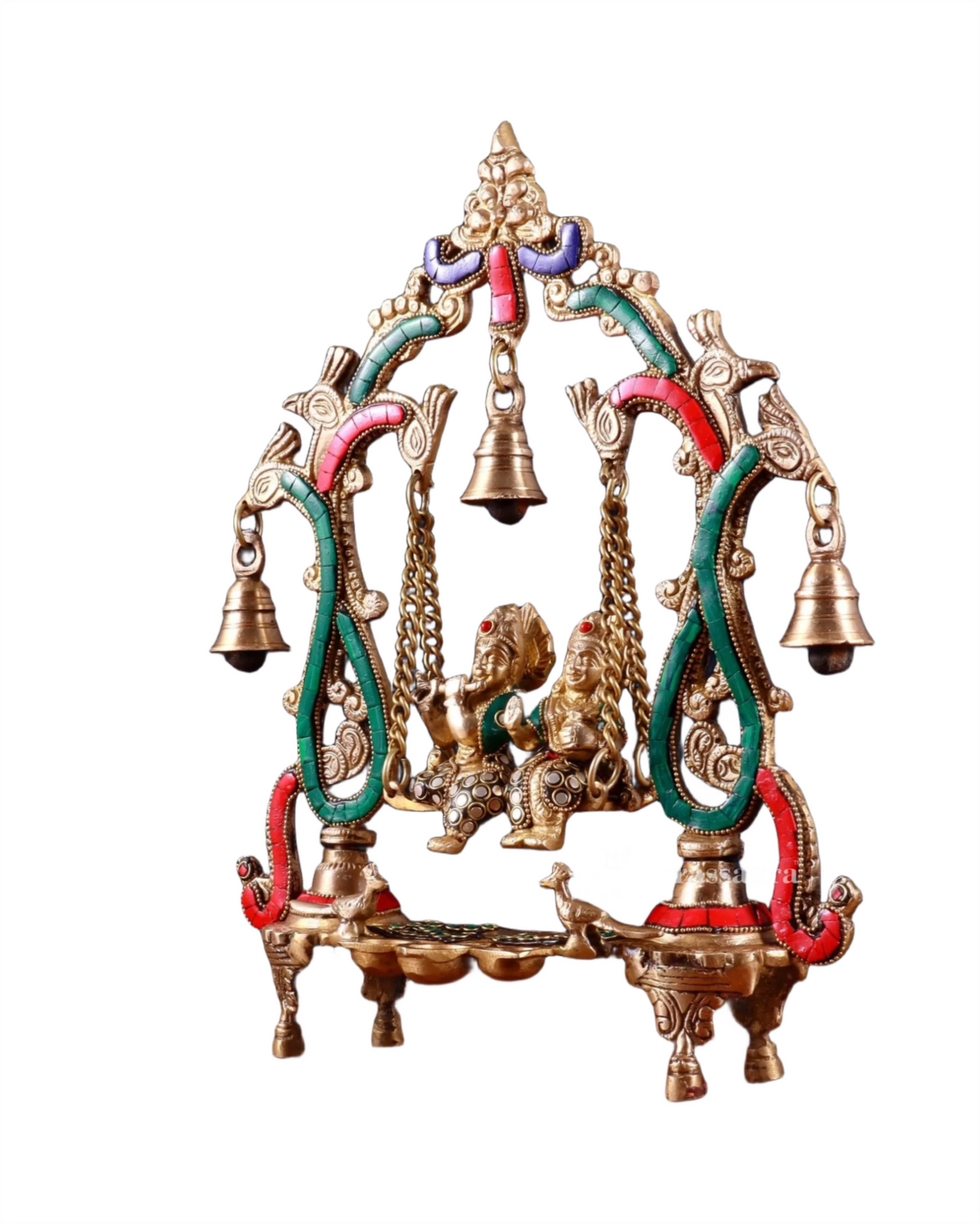 Brassaura™ Brass Radha Krishna Swing Idol with Diyas, Peacocks & Bells – Height 13.5 Inches & Weight 2.4 Kgs | Elegant Devotional Statue