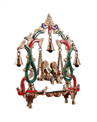 Brassaura™ Brass Radha Krishna Swing Idol with Diyas, Peacocks & Bells – Height 13.5 Inches & Weight 2.4 Kgs | Elegant Devotional Statue