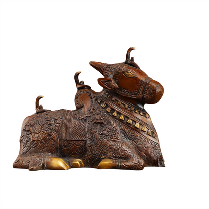 Brassaura™ Pure Brass Nandi Statue – Height 8 Inches & Weight 5.5 Kgs | Vintage Bronze Tone