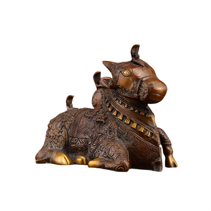 Brassaura™ Pure Brass Nandi Statue – Height 8 Inches & Weight 5.5 Kgs | Vintage Bronze Tone