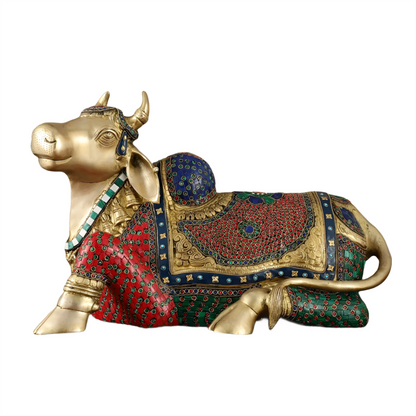Brassaura™ Brass Nandi Statue with Stonework – Height 15 Inches & Weight 22.5 Kgs | Sacred Temple Décor