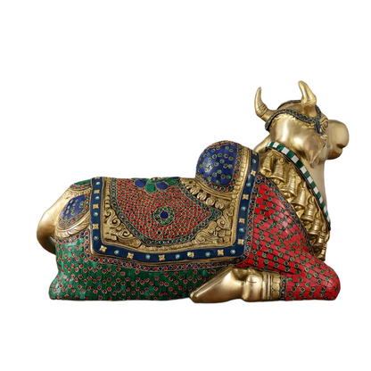 Brassaura™ Brass Nandi Statue with Stonework – Height 15 Inches & Weight 22.5 Kgs | Sacred Temple Décor