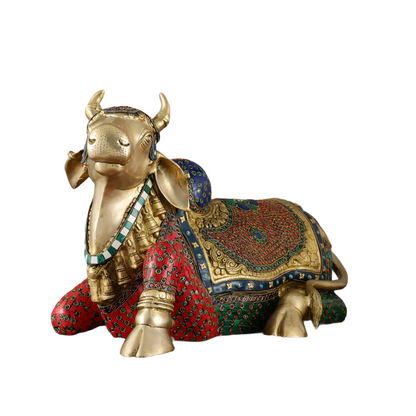 Brassaura™ Brass Nandi Statue with Stonework – Height 15 Inches & Weight 22.5 Kgs | Sacred Temple Décor