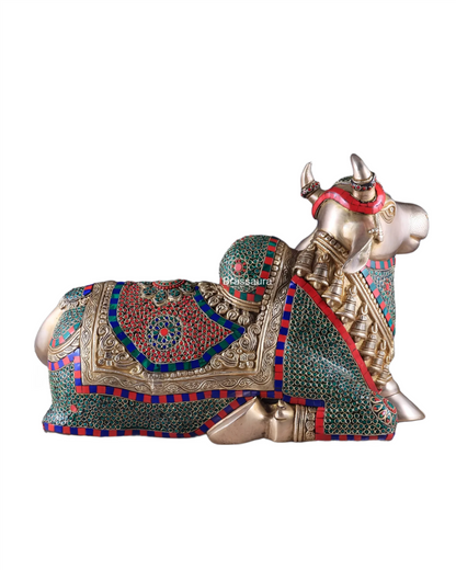 Brassaura™ Brass Nandi Statue with Intricate Stonework – Height 15" & Weight 22.5 Kgs | Temple & Home Décor