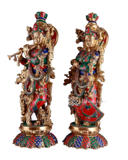 Brassaura™ Handcrafted Brass Radha Krishna Idol Pair with Lotus Base – Height 27 Inches & Weight 40 Kgs | Elegant Devotional Statue