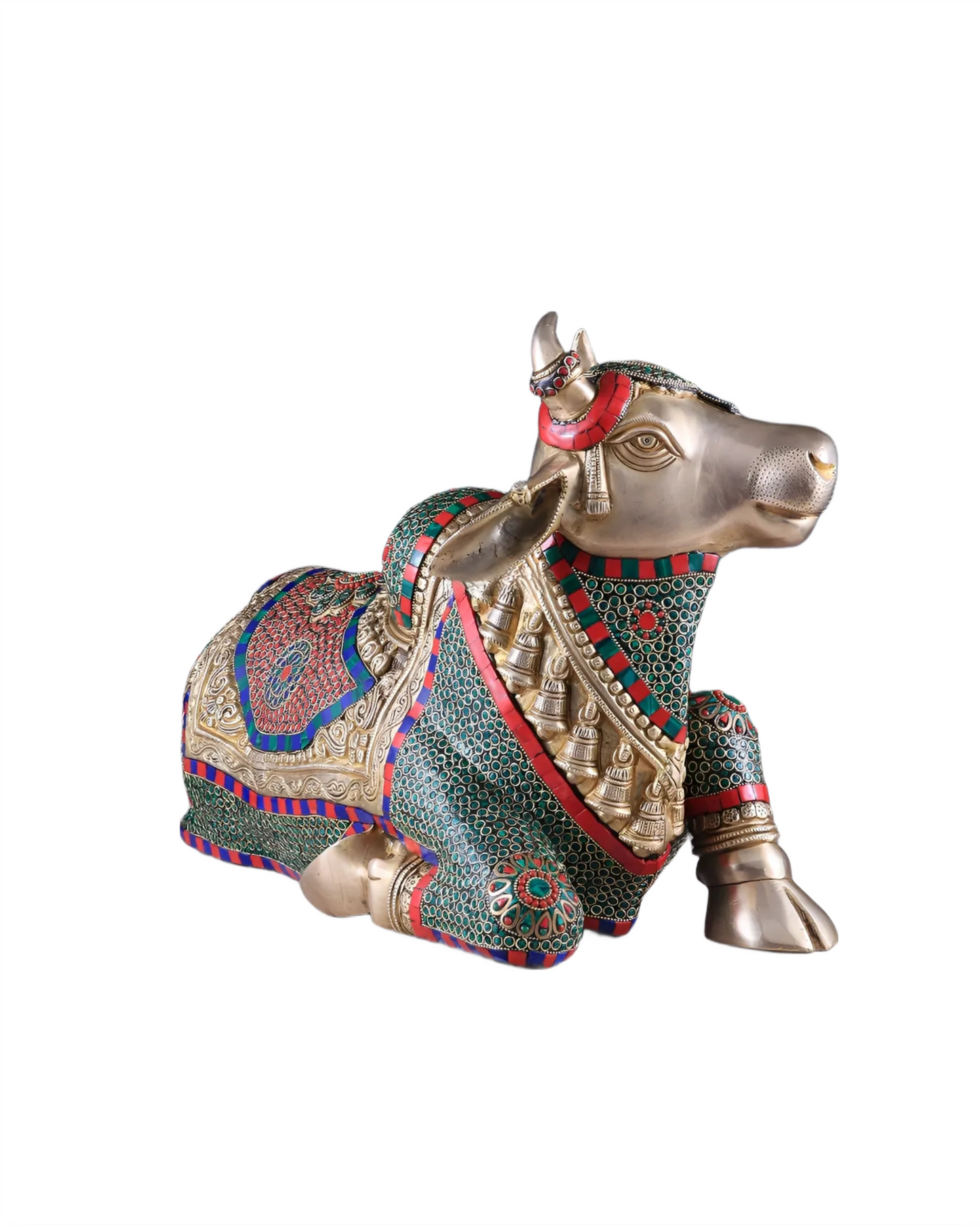 Brassaura™ Brass Nandi Statue with Intricate Stonework – Height 15" & Weight 22.5 Kgs | Temple & Home Décor