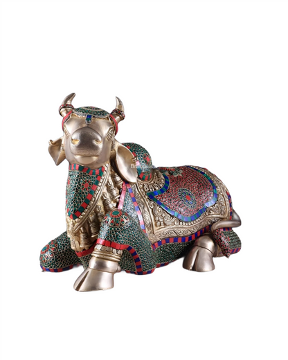 Brassaura™ Brass Nandi Statue with Intricate Stonework – Height 15" & Weight 22.5 Kgs | Temple & Home Décor