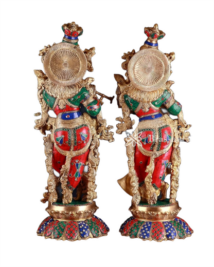 Brassaura™ Handcrafted Brass Radha Krishna Idol Pair with Lotus Base – Height 27 Inches & Weight 40 Kgs | Elegant Devotional Statue