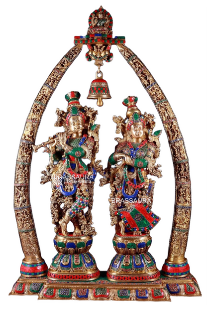 Brassaura™ Brass Radha Krishna Temple Arch with Krishna Leelas & Meenakari – Arch Height 45 Inches & Total Weight 70 Kgs | Elegant Devotional Masterpiece
