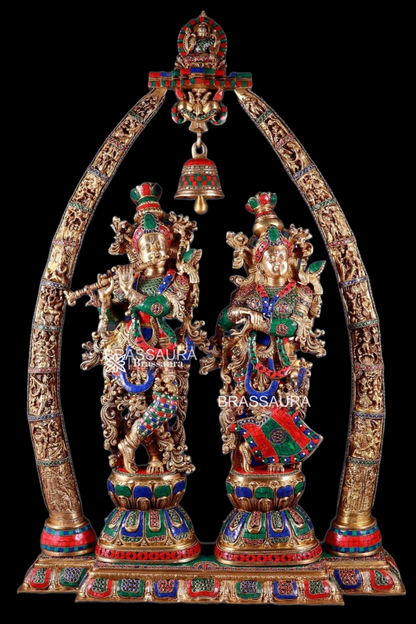 Brassaura™ Brass Radha Krishna Temple Arch with Krishna Leelas & Meenakari – Arch Height 45 Inches & Total Weight 70 Kgs | Elegant Devotional Masterpiece