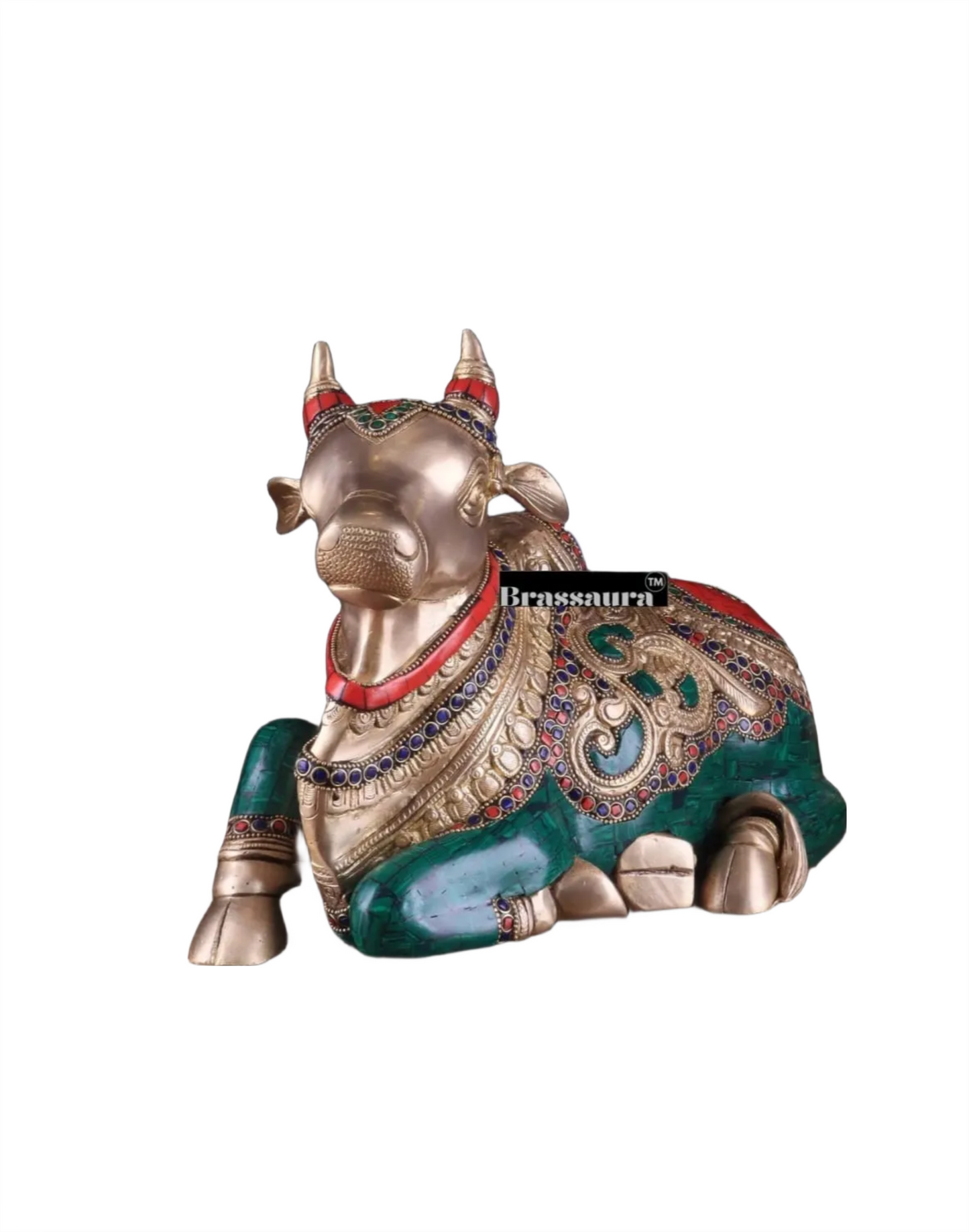 Brassaura™ Superfine Brass Sitting Nandi Statue with Stonework – Height 10" & Weight 10 Kgs | Home & Temple Décor