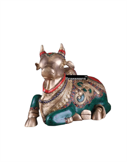 Brassaura™ Superfine Brass Sitting Nandi Statue with Stonework – Height 10" & Weight 10 Kgs | Home & Temple Décor