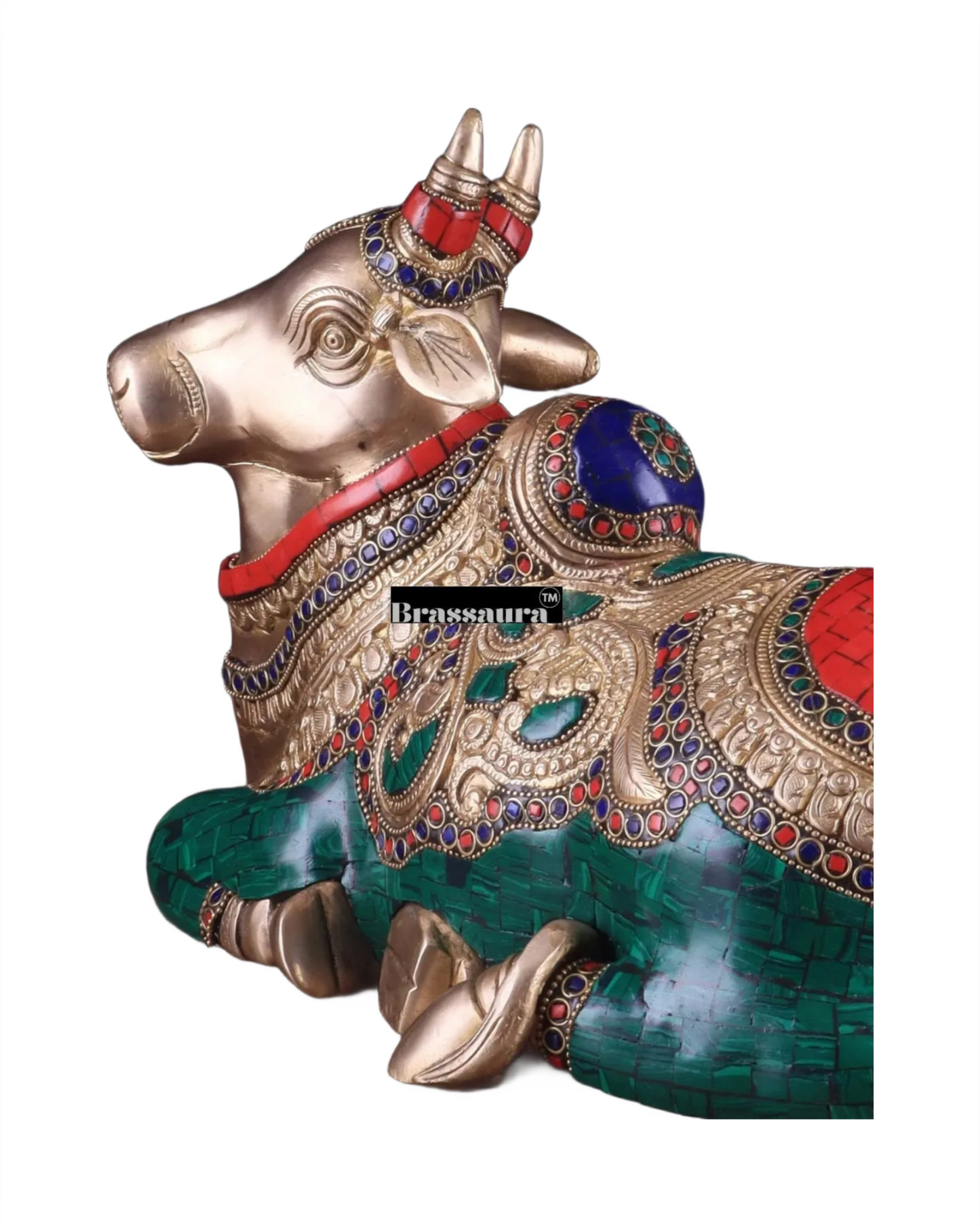 Brassaura™ Superfine Brass Sitting Nandi Statue with Stonework – Height 10" & Weight 10 Kgs | Home & Temple Décor