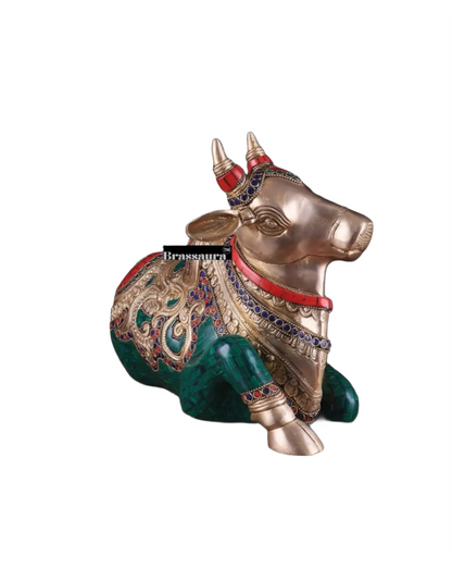 Brassaura™ Superfine Brass Sitting Nandi Statue with Stonework – Height 10" & Weight 10 Kgs | Home & Temple Décor