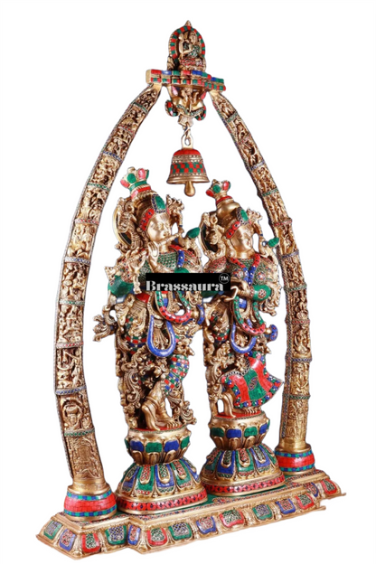 Brassaura™ Brass Radha Krishna Temple Arch with Krishna Leelas & Meenakari – Arch Height 45 Inches & Total Weight 70 Kgs | Elegant Devotional Masterpiece
