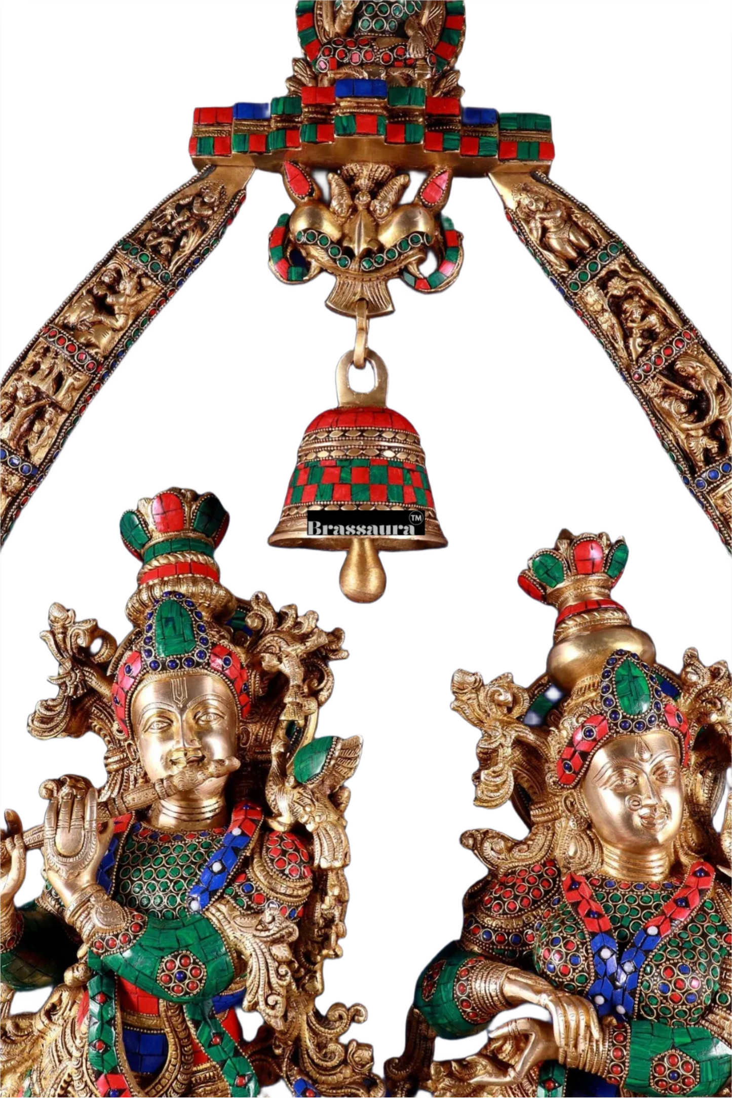 Brassaura™ Brass Radha Krishna Temple Arch with Krishna Leelas & Meenakari – Arch Height 45 Inches & Total Weight 70 Kgs | Elegant Devotional Masterpiece