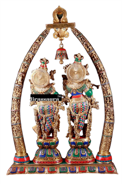 Brassaura™ Brass Radha Krishna Temple Arch with Krishna Leelas & Meenakari – Arch Height 45 Inches & Total Weight 70 Kgs | Elegant Devotional Masterpiece