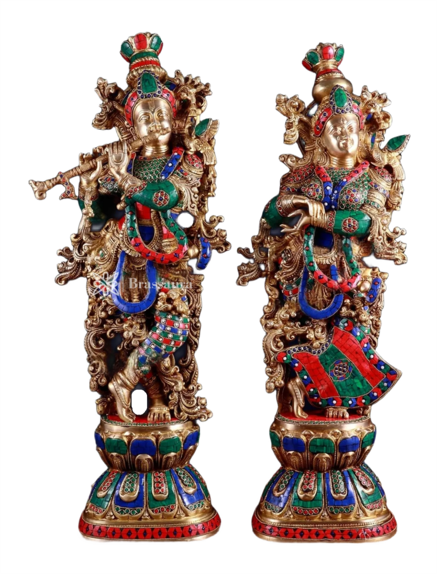 Brassaura™ Handcrafted Brass Radha Krishna Idol Pair with Meenakari – Height 29.5 & 29 Inches & Weight 33 Kgs | Elegant Devotional Statue