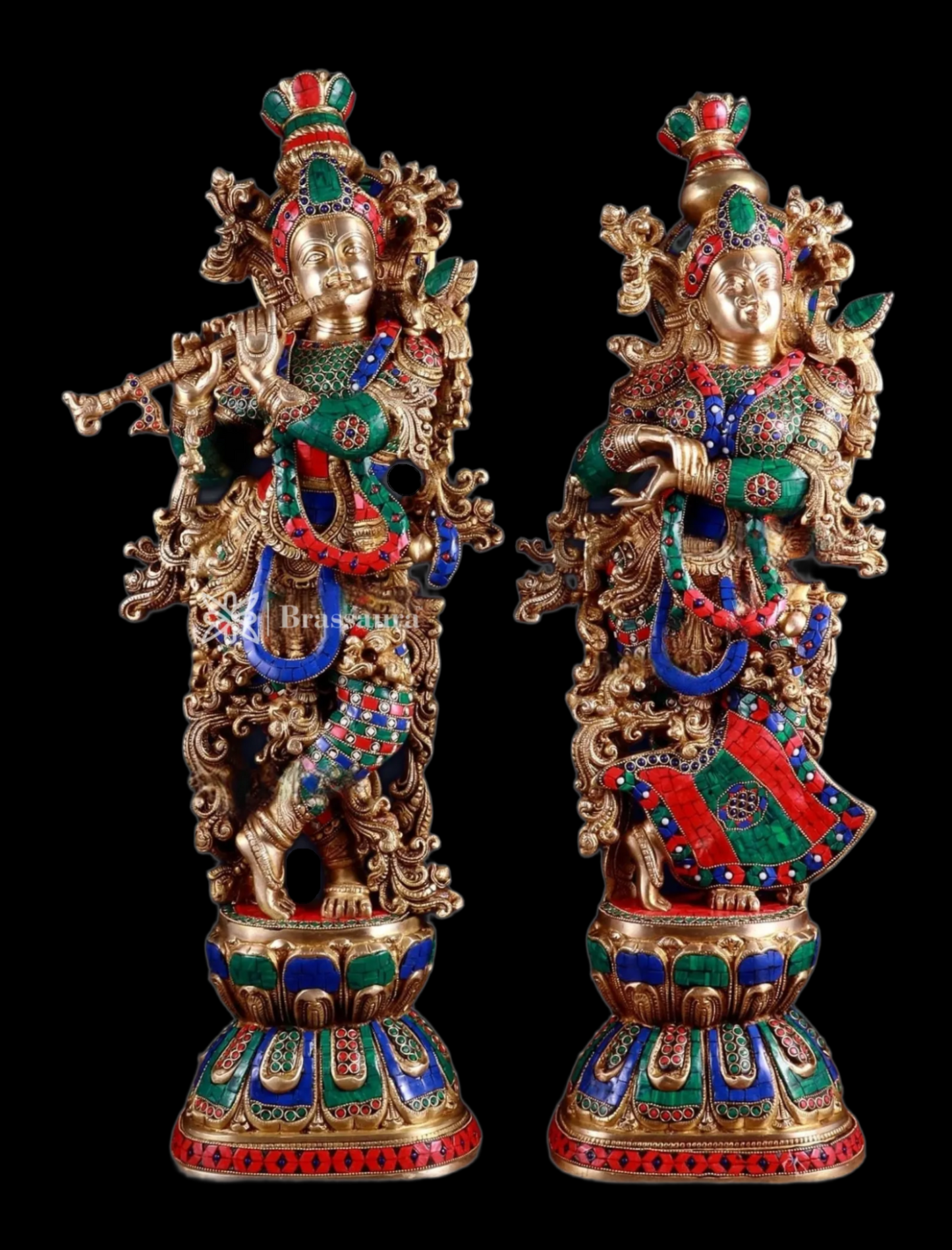 Brassaura™ Handcrafted Brass Radha Krishna Idol Pair with Meenakari – Height 29.5 & 29 Inches & Weight 33 Kgs | Elegant Devotional Statue