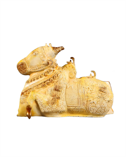 Brassaura™ Fully Carved Brass Nandi Statue with Shiv Lings – Height 8" & Weight 5.5 Kgs | Sand Finish