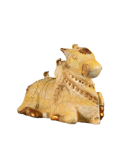 Brassaura™ Fully Carved Brass Nandi Statue with Shiv Lings – Height 8" & Weight 5.5 Kgs | Sand Finish