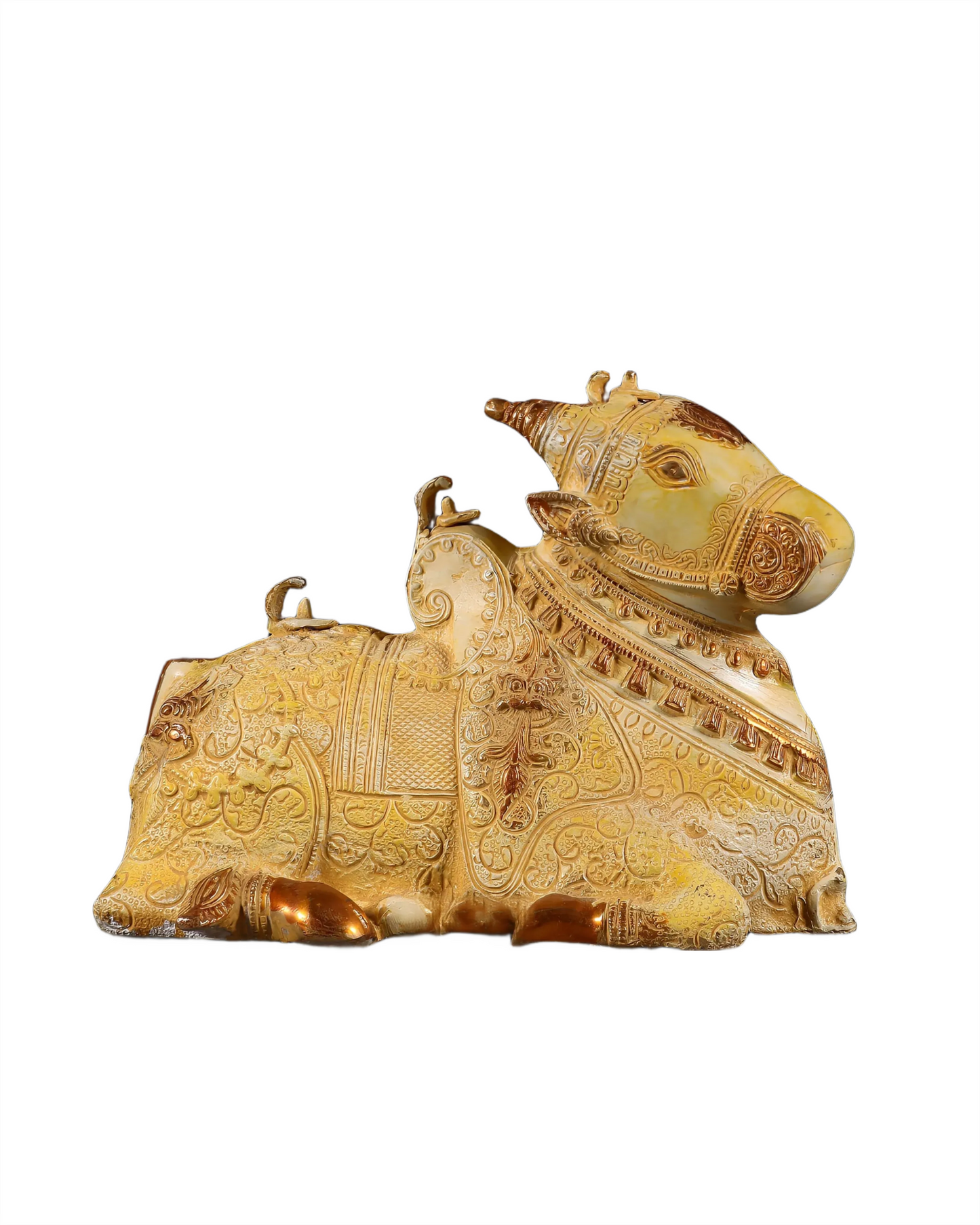 Brassaura™ Fully Carved Brass Nandi Statue with Shiv Lings – Height 8" & Weight 5.5 Kgs | Sand Finish