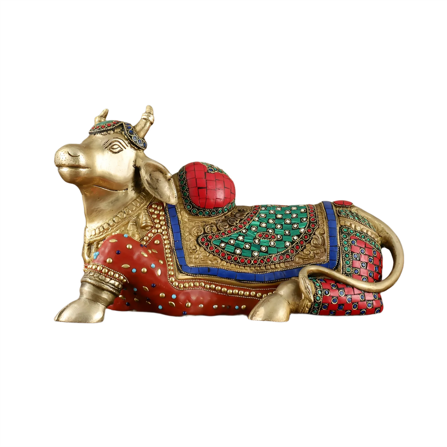 Brassaura™ Brass Nandi Statue with Intricate Stonework – Height 15" & Weight 9 Kgs | Temple & Home Décor
