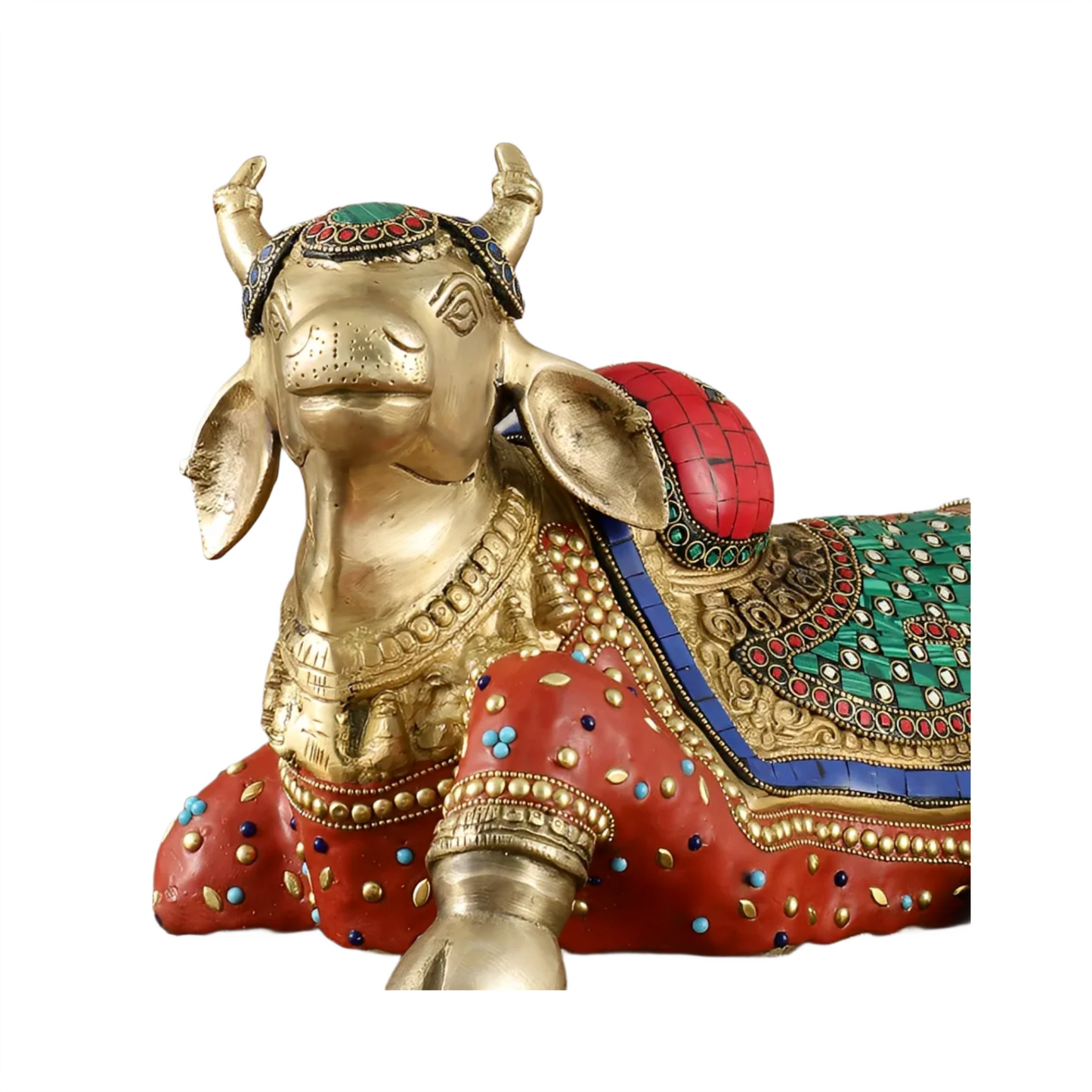 Brassaura™ Brass Nandi Statue with Intricate Stonework – Height 15" & Weight 9 Kgs | Temple & Home Décor