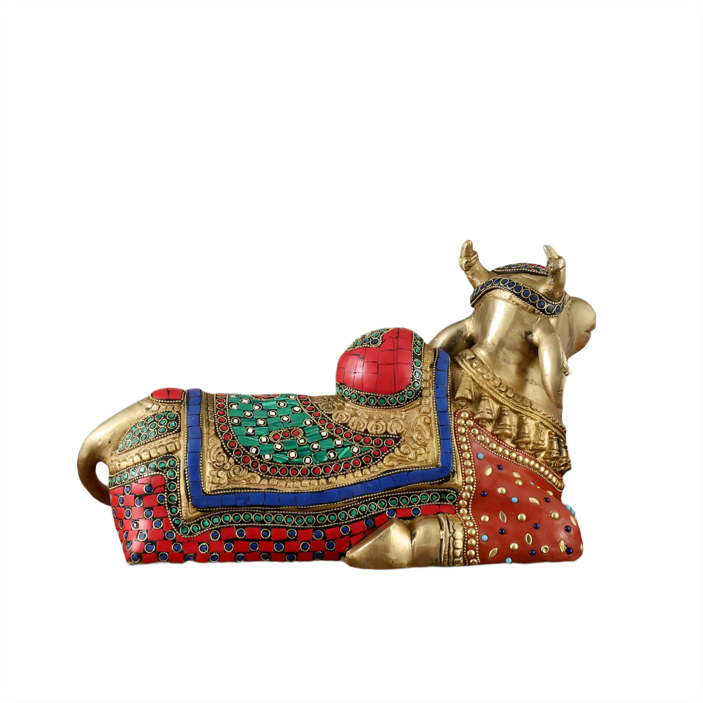 Brassaura™ Brass Nandi Statue with Intricate Stonework – Height 15" & Weight 9 Kgs | Temple & Home Décor