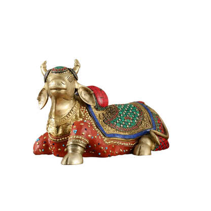 Brassaura™ Brass Nandi Statue with Intricate Stonework – Height 15" & Weight 9 Kgs | Temple & Home Décor