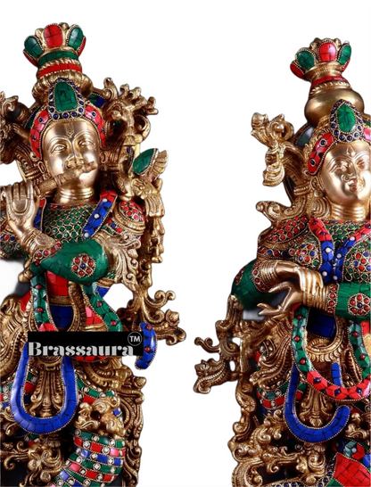 Brassaura™ Handcrafted Brass Radha Krishna Idol Pair with Meenakari – Height 29.5 & 29 Inches & Weight 33 Kgs | Elegant Devotional Statue