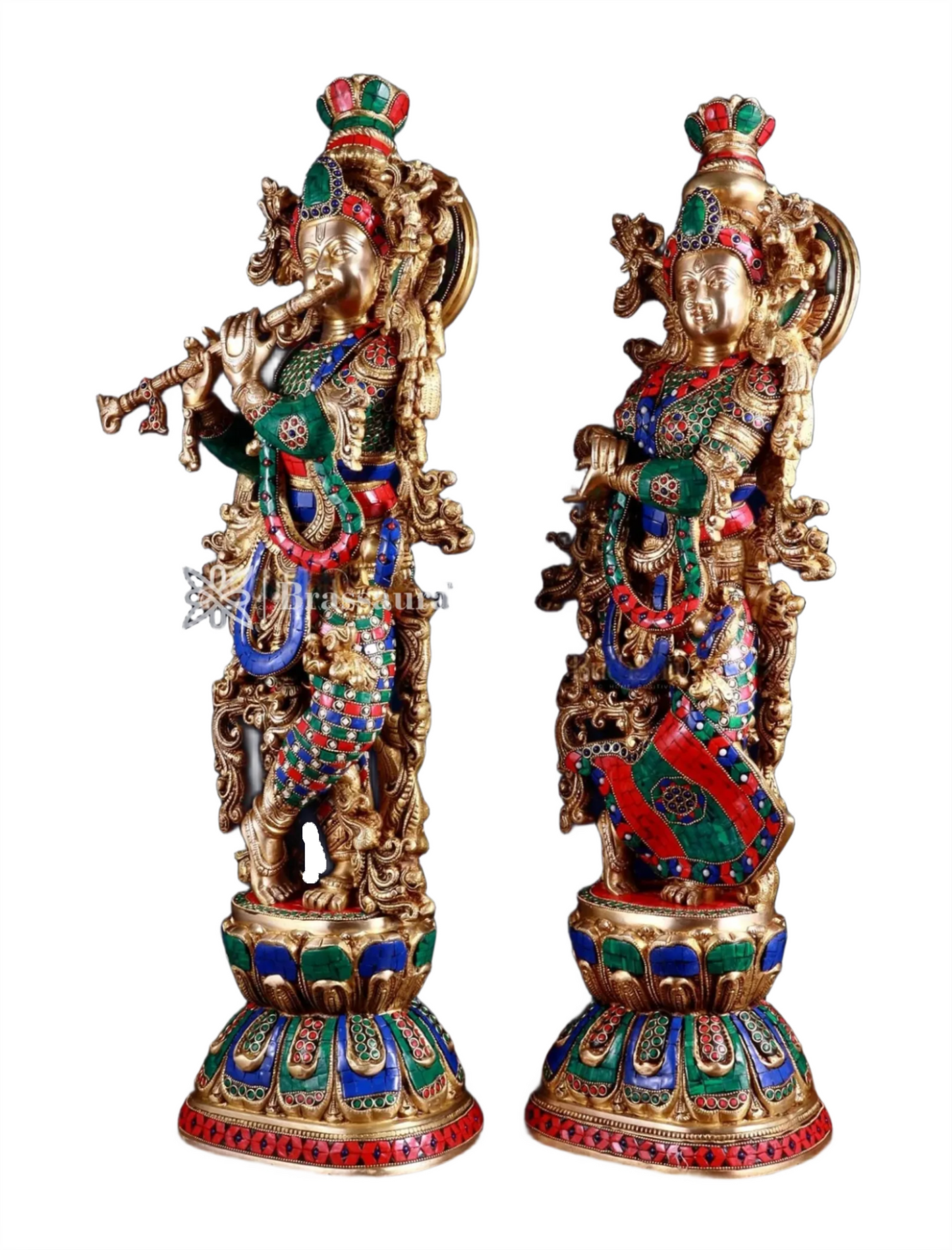 Brassaura™ Handcrafted Brass Radha Krishna Idol Pair with Meenakari – Height 29.5 & 29 Inches & Weight 33 Kgs | Elegant Devotional Statue