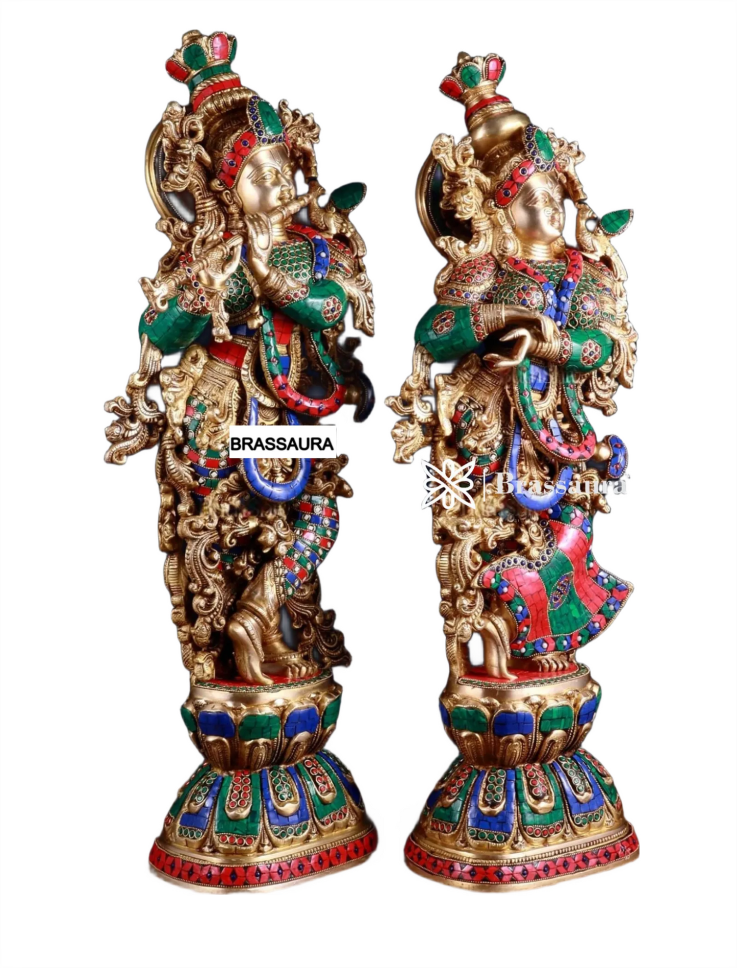 Brassaura™ Handcrafted Brass Radha Krishna Idol Pair with Meenakari – Height 29.5 & 29 Inches & Weight 33 Kgs | Elegant Devotional Statue