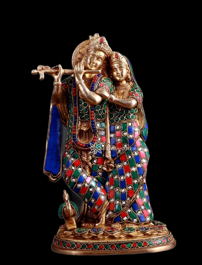 Brassaura™ Brass Radha Krishna Idol with Meenakari – Height 12 Inches & Weight 4 Kgs | Elegant Devotional Statue