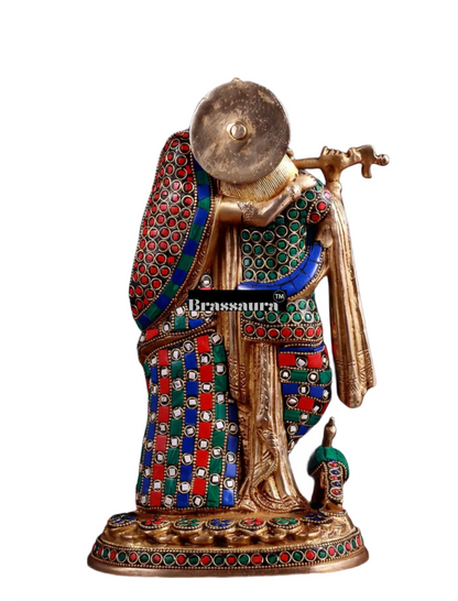 Brassaura™ Brass Radha Krishna Idol with Meenakari – Height 12 Inches & Weight 4 Kgs | Elegant Devotional Statue
