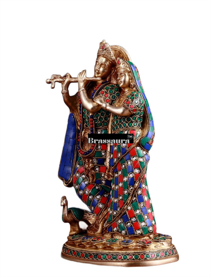 Brassaura™ Brass Radha Krishna Idol with Meenakari – Height 12 Inches & Weight 4 Kgs | Elegant Devotional Statue