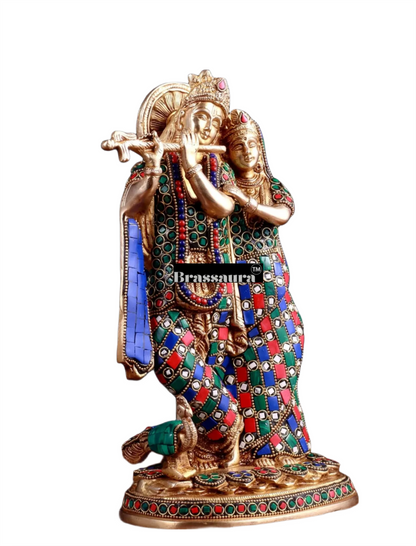 Brassaura™ Brass Radha Krishna Idol with Meenakari – Height 12 Inches & Weight 4 Kgs | Elegant Devotional Statue