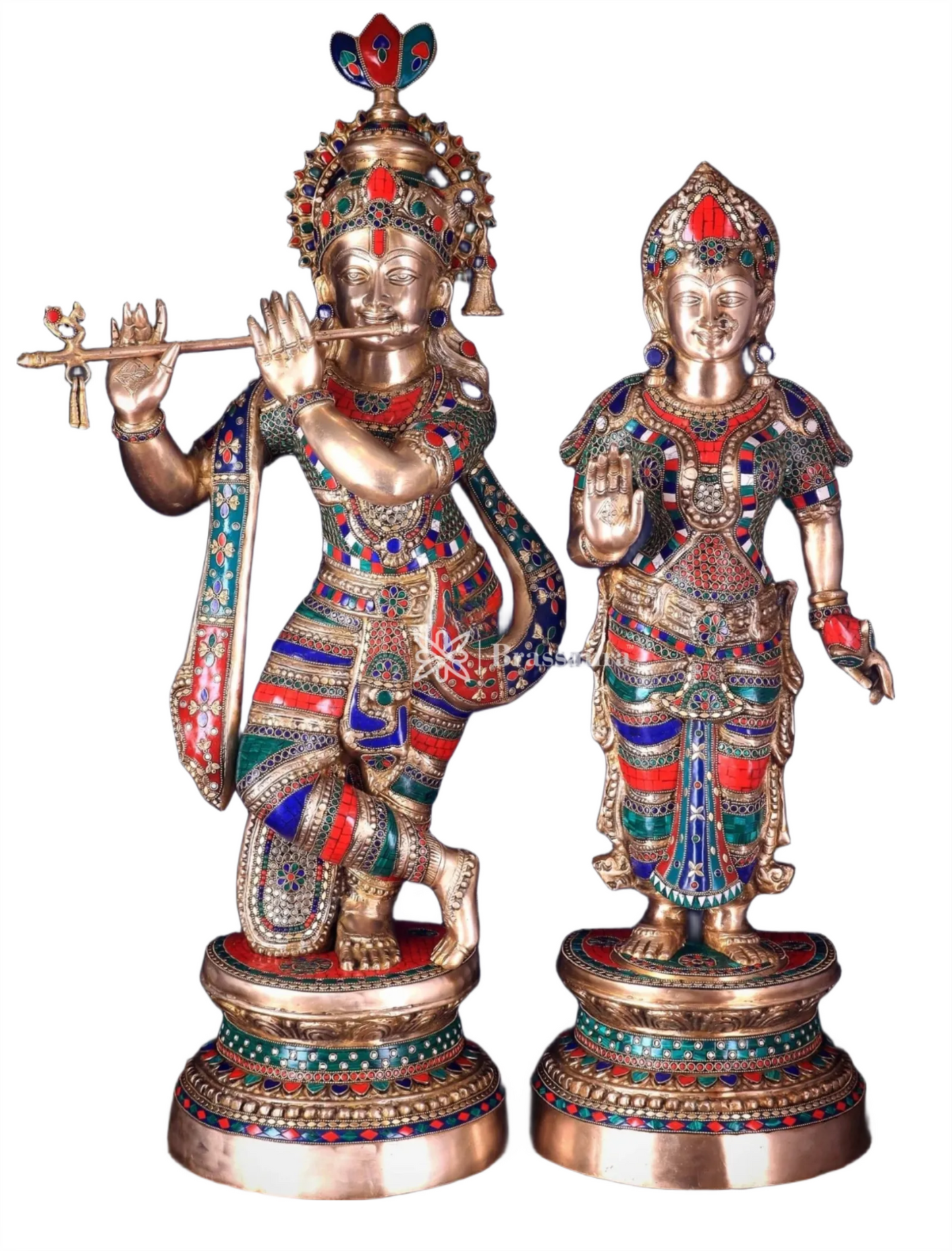 Brassaura™ Handcrafted Brass Radha Krishna Statues with Meenakari – Height 36 Inches & Weight 40 Kgs | Elegant Devotional Masterpiece