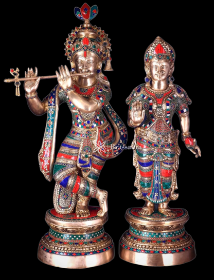 Brassaura™ Handcrafted Brass Radha Krishna Statues with Meenakari – Height 36 Inches & Weight 40 Kgs | Elegant Devotional Masterpiece