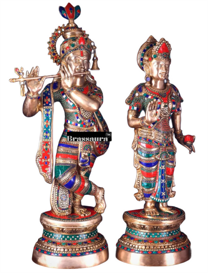 Brassaura™ Handcrafted Brass Radha Krishna Statues with Meenakari – Height 36 Inches & Weight 40 Kgs | Elegant Devotional Masterpiece