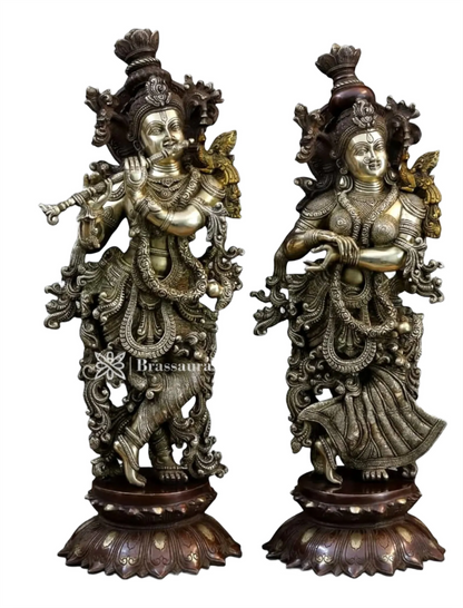 Brassaura™ Pure Brass Radha Krishna Idol Pair on Lotus Base – Height 27 Inches & Weight 39 Kgs | Dual Tone Brown & Gold Finish