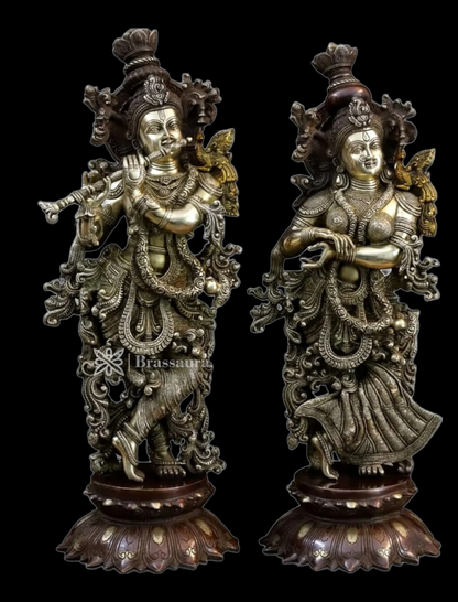 Brassaura™ Pure Brass Radha Krishna Idol Pair on Lotus Base – Height 27 Inches & Weight 39 Kgs | Dual Tone Brown & Gold Finish