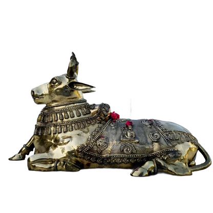 Brassaura™ Grand Brass Nandi Statue with Intricate Shiva Carvings – Height 44" & Weight 145 Kgs | Temple & Spiritual Décor