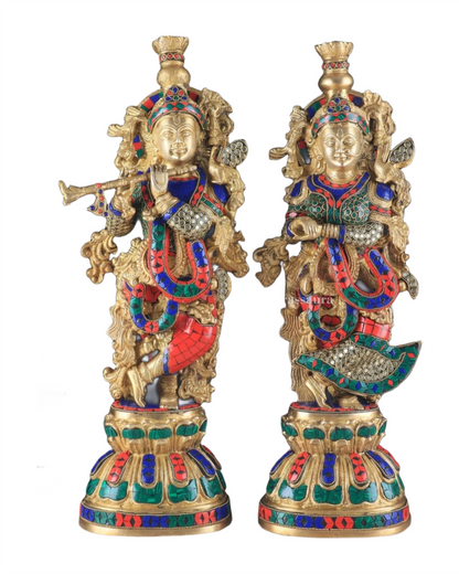 Brassaura™ Pure Brass Radha Krishna Statue with Brass Rings & Stones – Height 21 Inches & Weight 18 Kgs | Elegant Devotional Idol