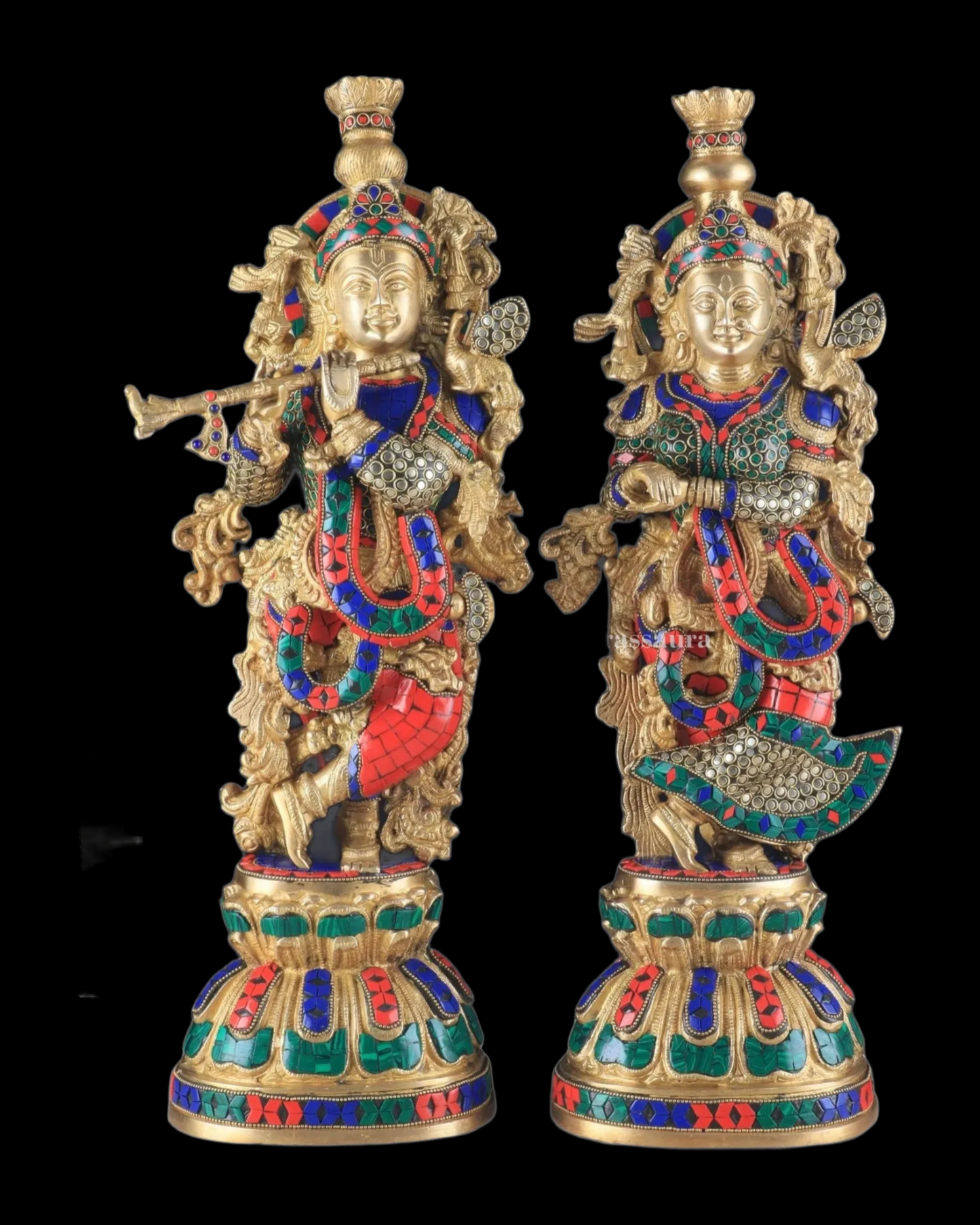 Brassaura™ Pure Brass Radha Krishna Statue with Brass Rings & Stones – Height 21 Inches & Weight 18 Kgs | Elegant Devotional Idol